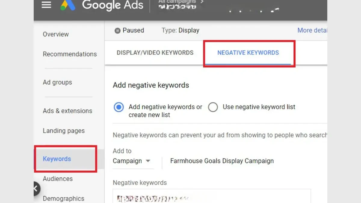 can you add negative keywords google ads