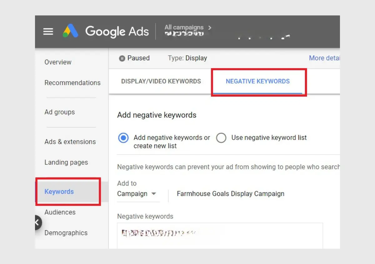 how to add negative keywords in google ads
