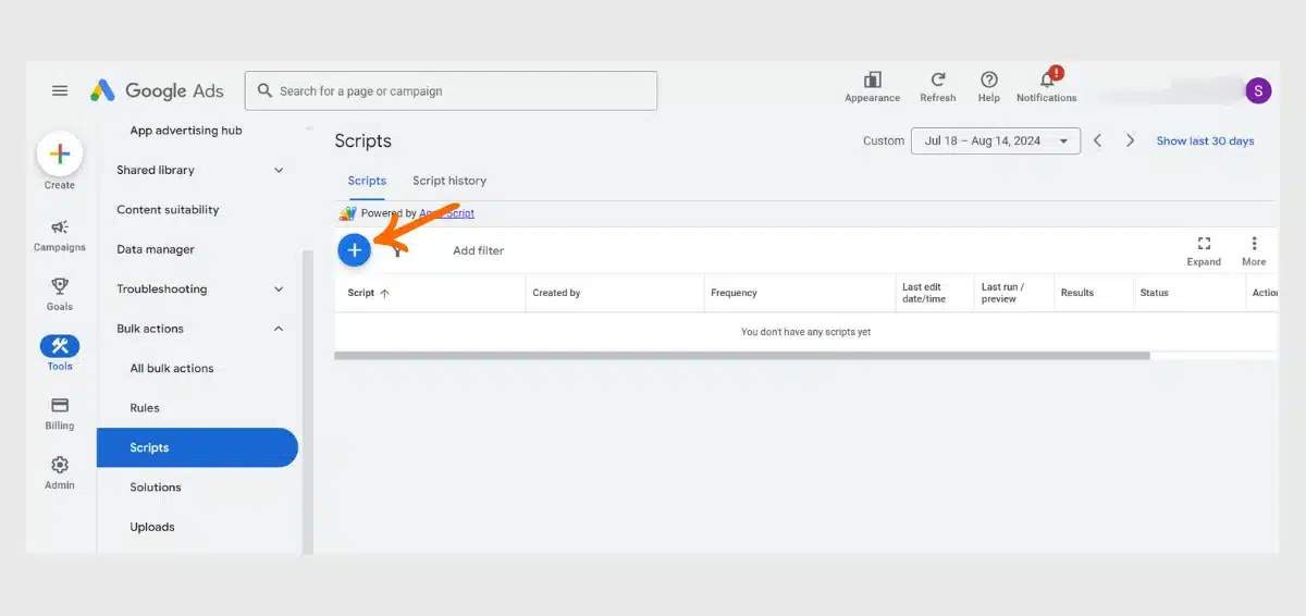 Tap the plus button for a new ad script Tap the plus button for a new ad script