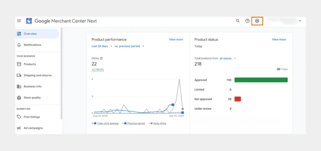 Select the ‘Setting & tools‘ symbol in the Google Merchant Center 