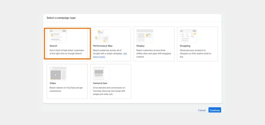 Next, select the campaign type. For the epoxy flooring business, the Search campaigns will work best as they appear throughout Google search results. 