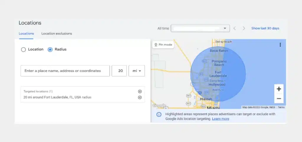 Set the radius and put your location on the left side.