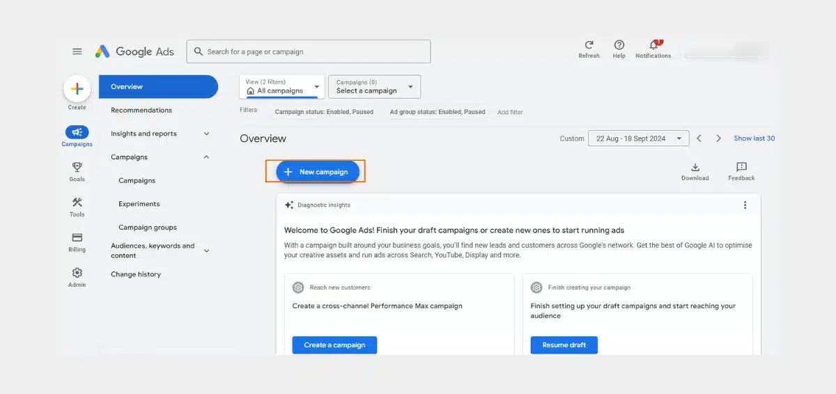Now, click the ‘new campaign‘ button