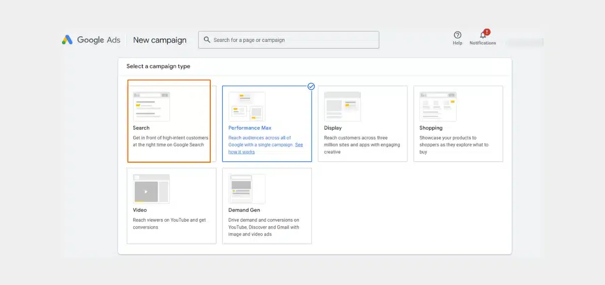Choose the Search Campaign option Choose the Search Campaign option