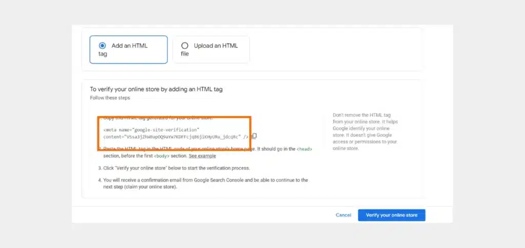 HTML tag from the Google Merchant Center 