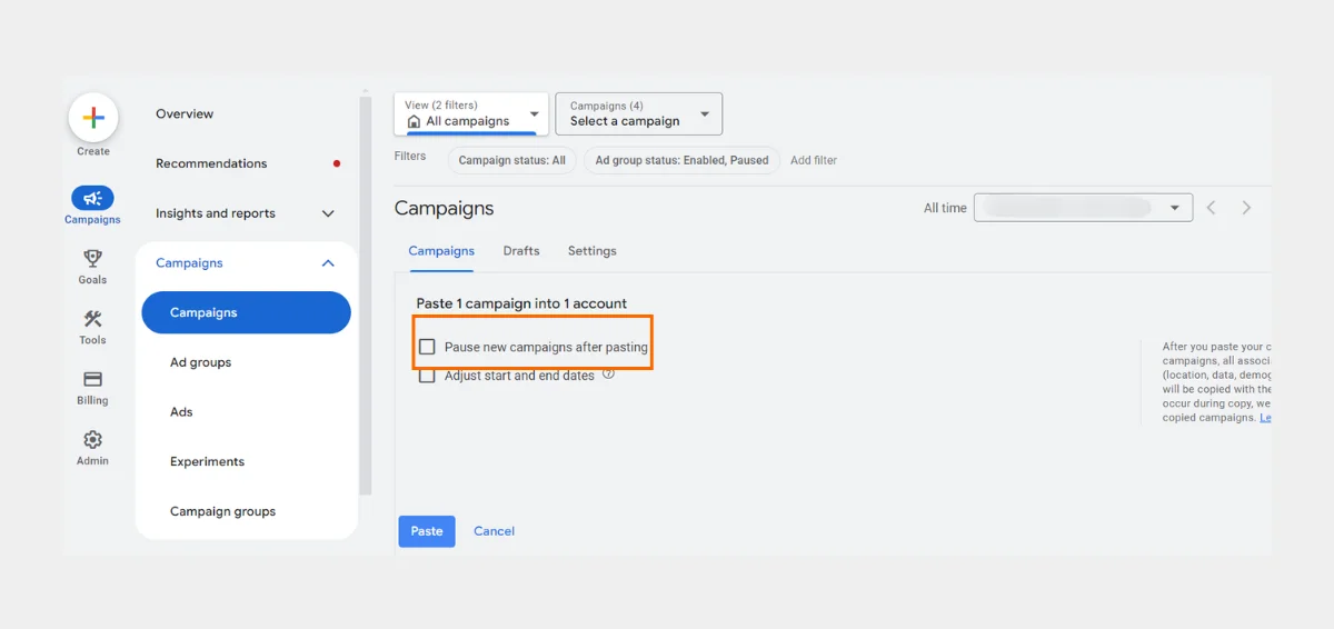 Pause new campaigns after pasting Pause new campaigns after pasting