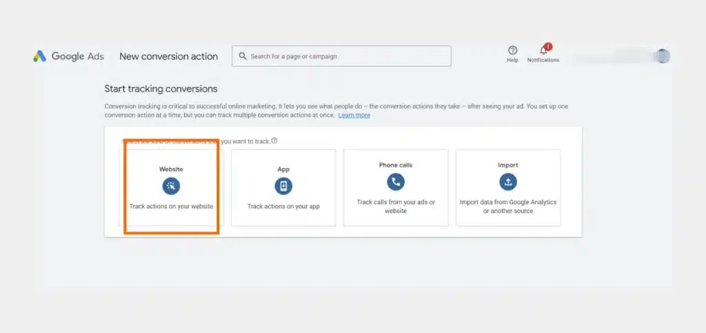 Select Website as the Conversion Option