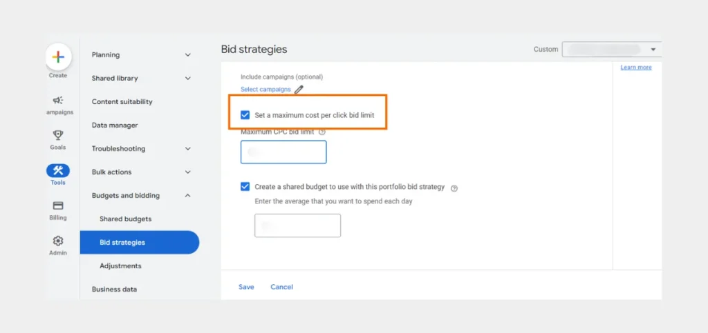 Set a maximum cost per click bid limit