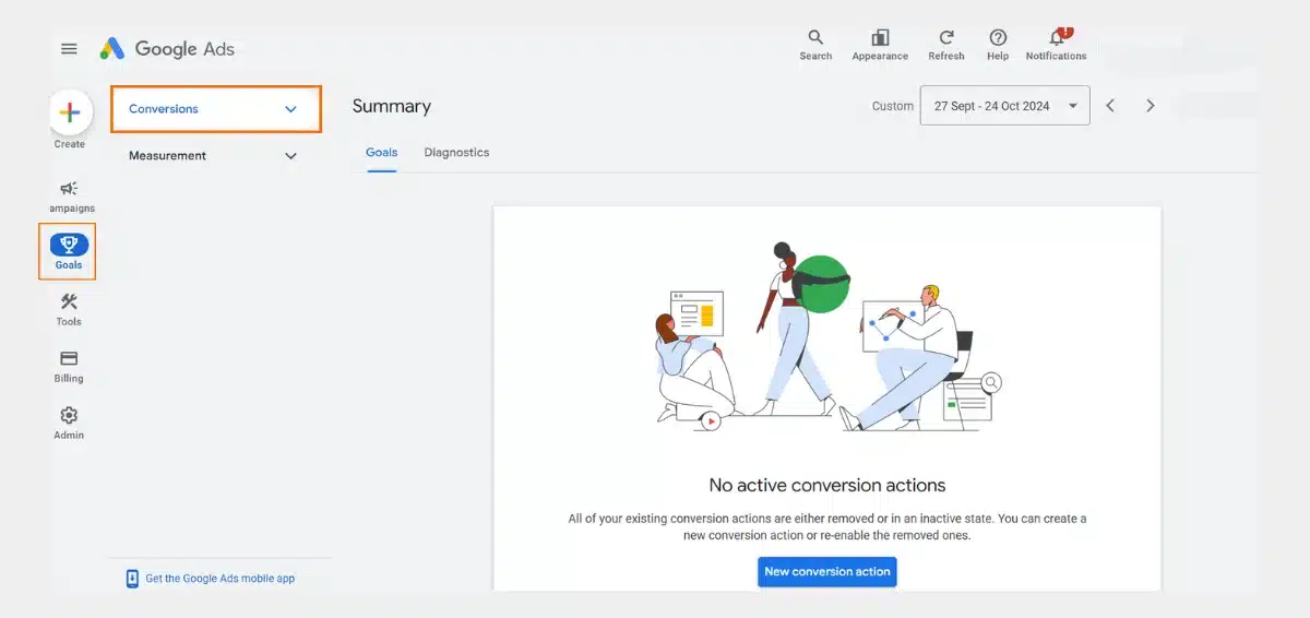 Click the Goals icon and select Conversions