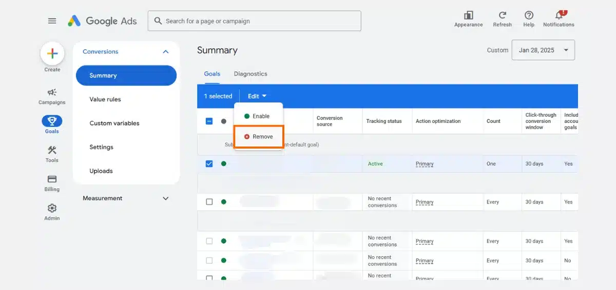 Change the status of the action to Remove